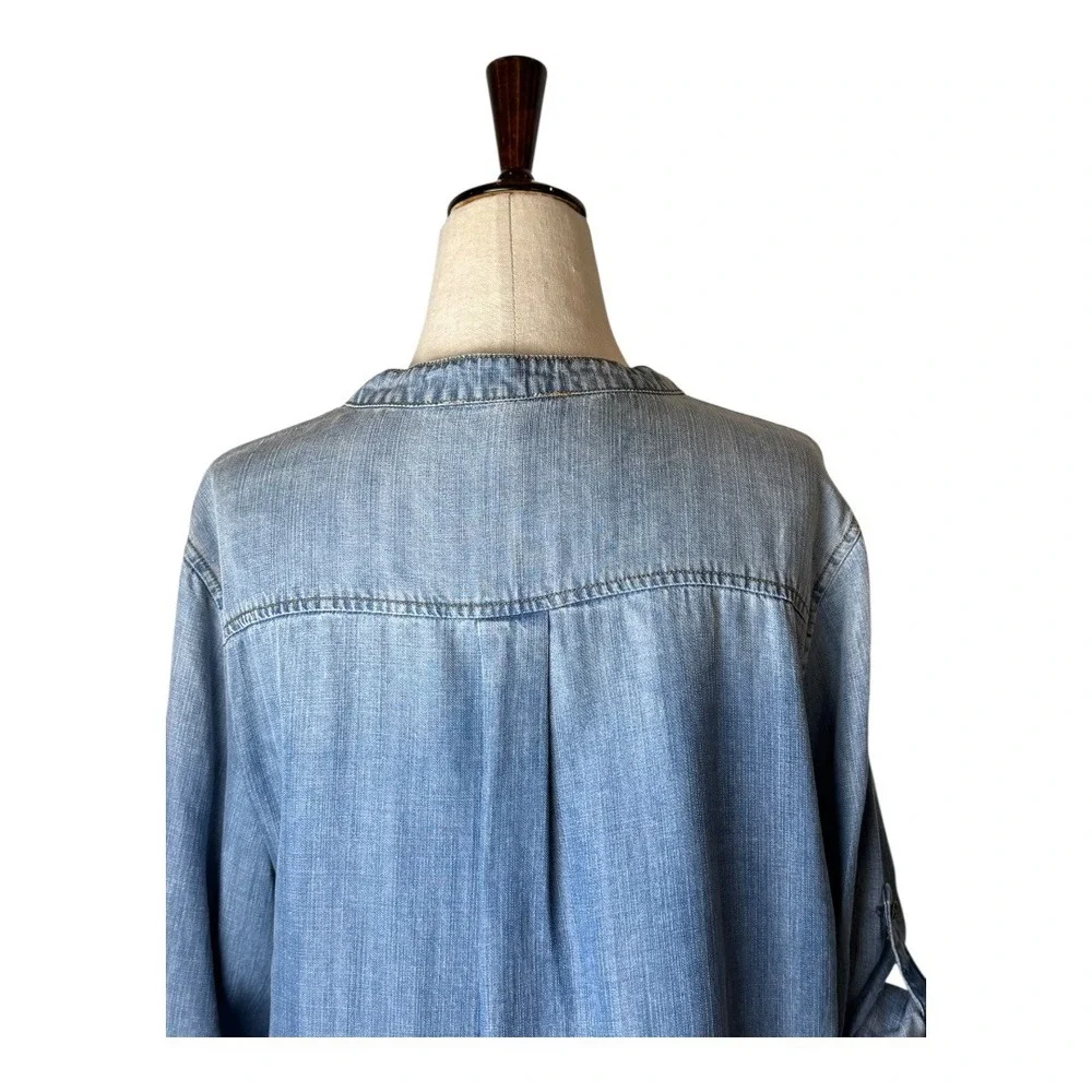Karlie‎ Shirt Women Large Blue Chambray Tencel Lace Up Roll Tab Sleeve Tunic Top